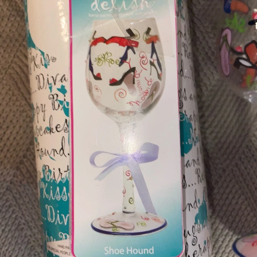 Vintage Lolita Hand-Painted Wine Glass w/Gift Box-Shoe Hound theme. Hand painted